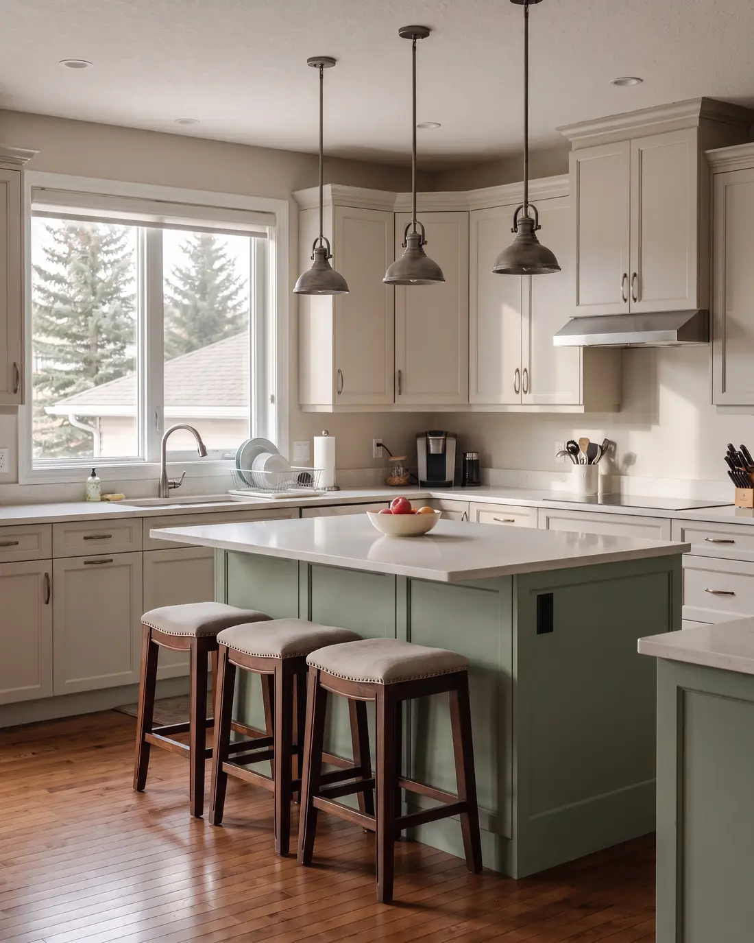 Open kitchen with the perimeter cabinets painted a pale warm greige and the island painted muted sage green, concept render