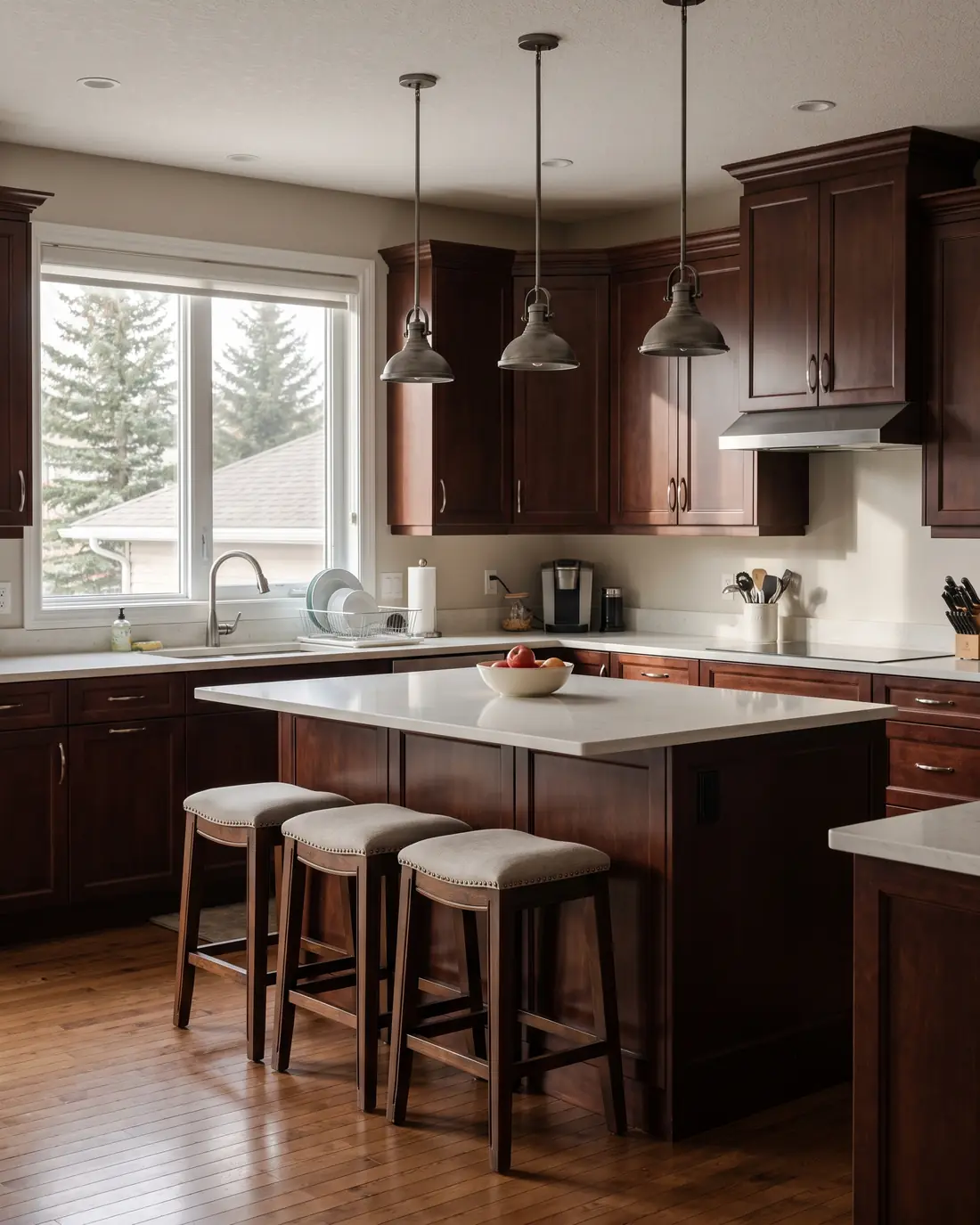 The same open kitchen with dark cherry stained cabinets and a matching island, concept render