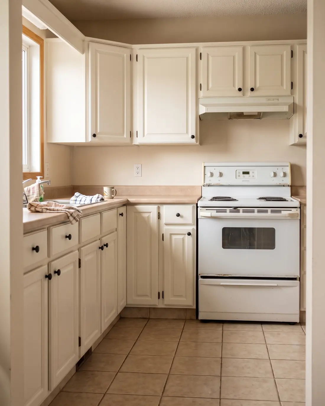 A galley kitchen with cabinets sprayed warm white and small black knobs, concept render