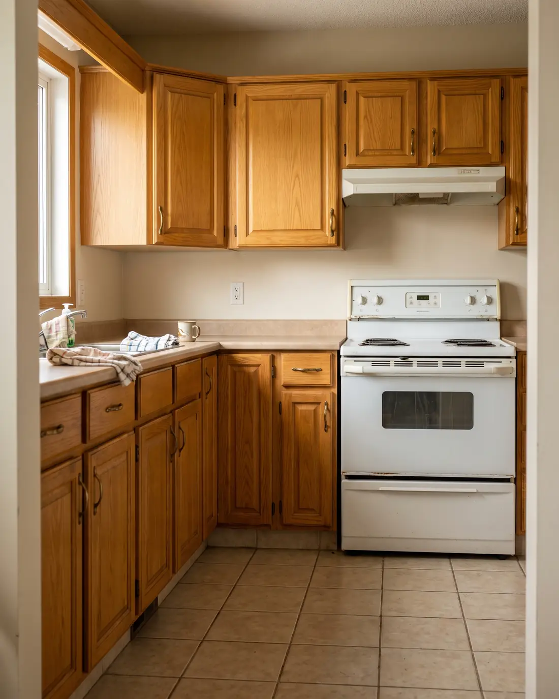 The same galley kitchen with golden oak cabinets, concept render