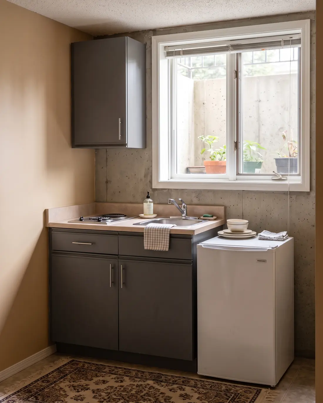 Basement suite kitchenette with its cabinets painted charcoal grey and fitted with slim pulls, concept render