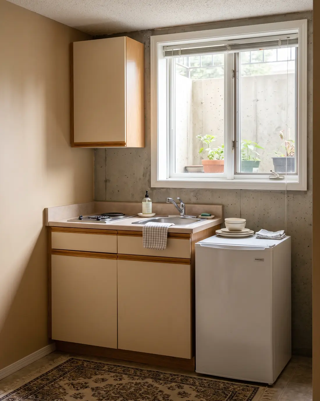 The same basement kitchenette with almond melamine cabinets, concept render