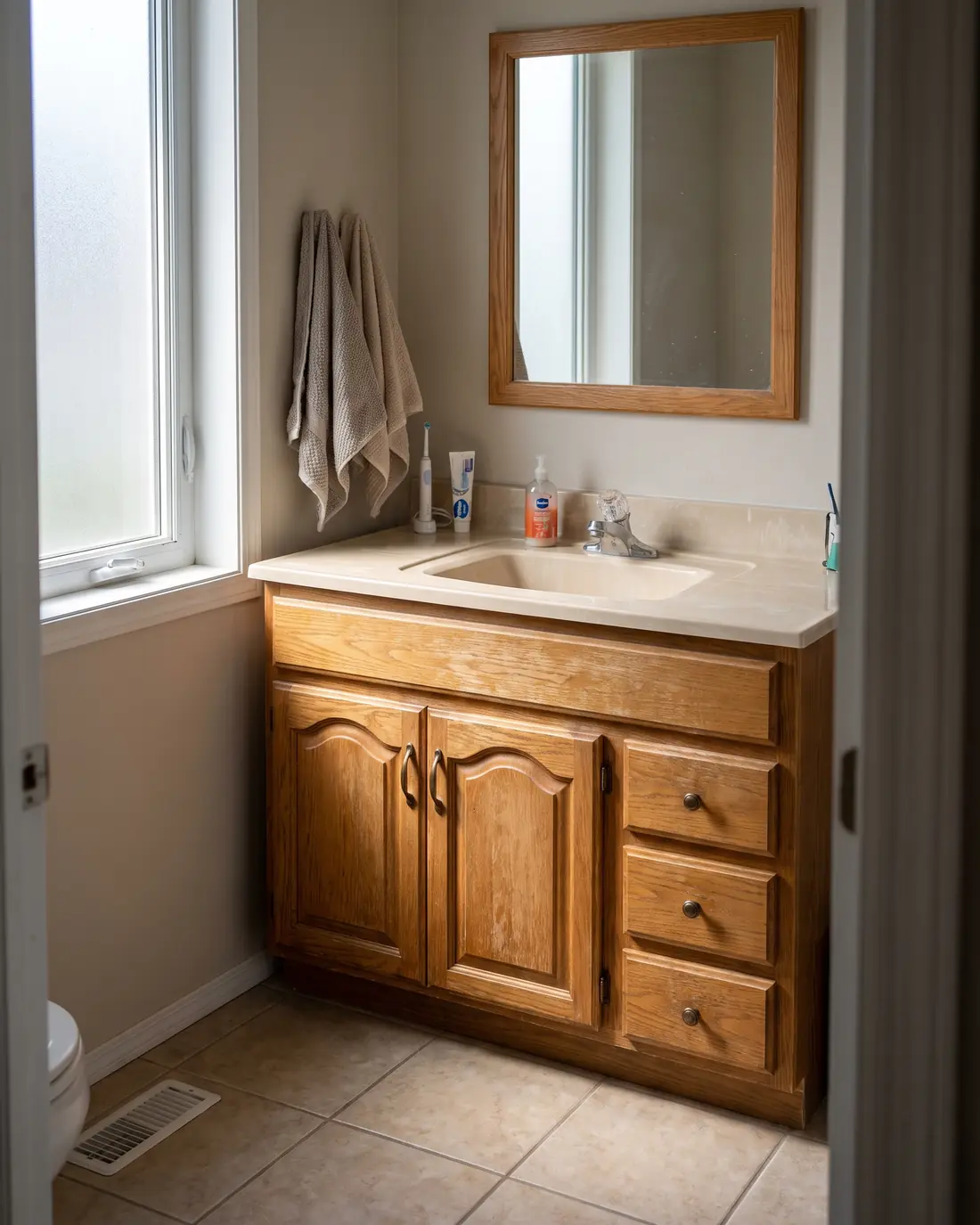The same bathroom vanity in its original oak with raised-panel doors, concept render
