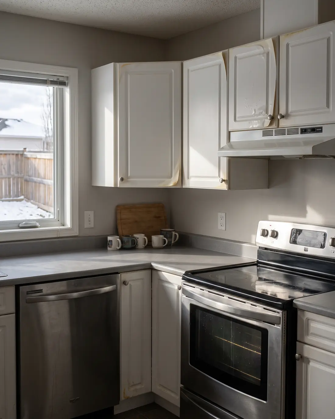 The same kitchen with white thermofoil doors peeling near the stove, concept render