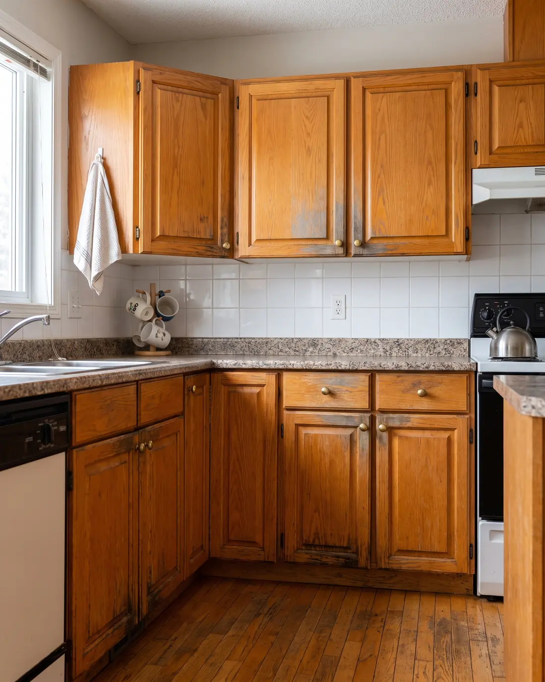 The same oak cabinets with a worn orange finish and scuffed edges, concept render